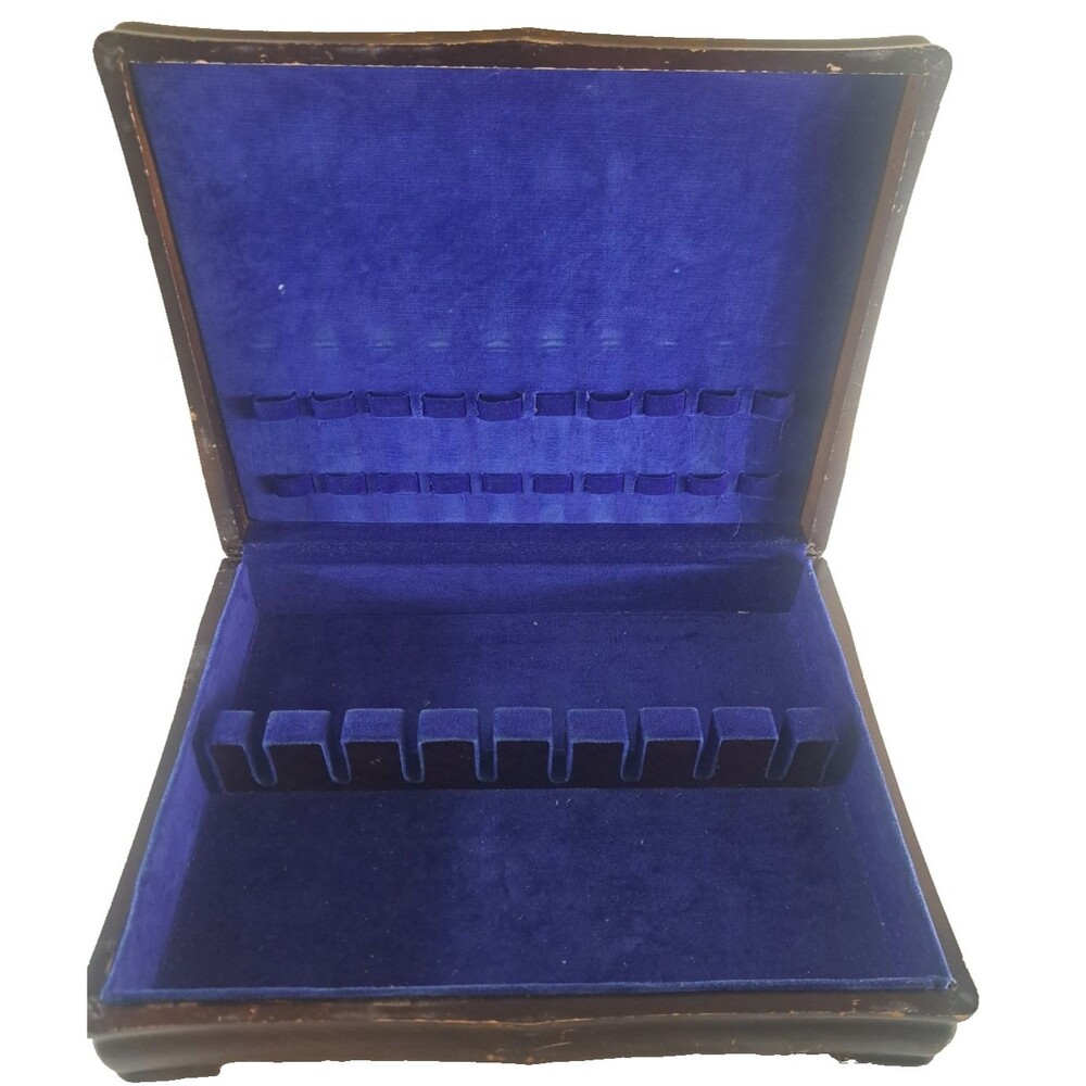 Vintage Wood Flatware Cutlery Chest Blue Velvet Retro Medium Grain 11.5x14.75